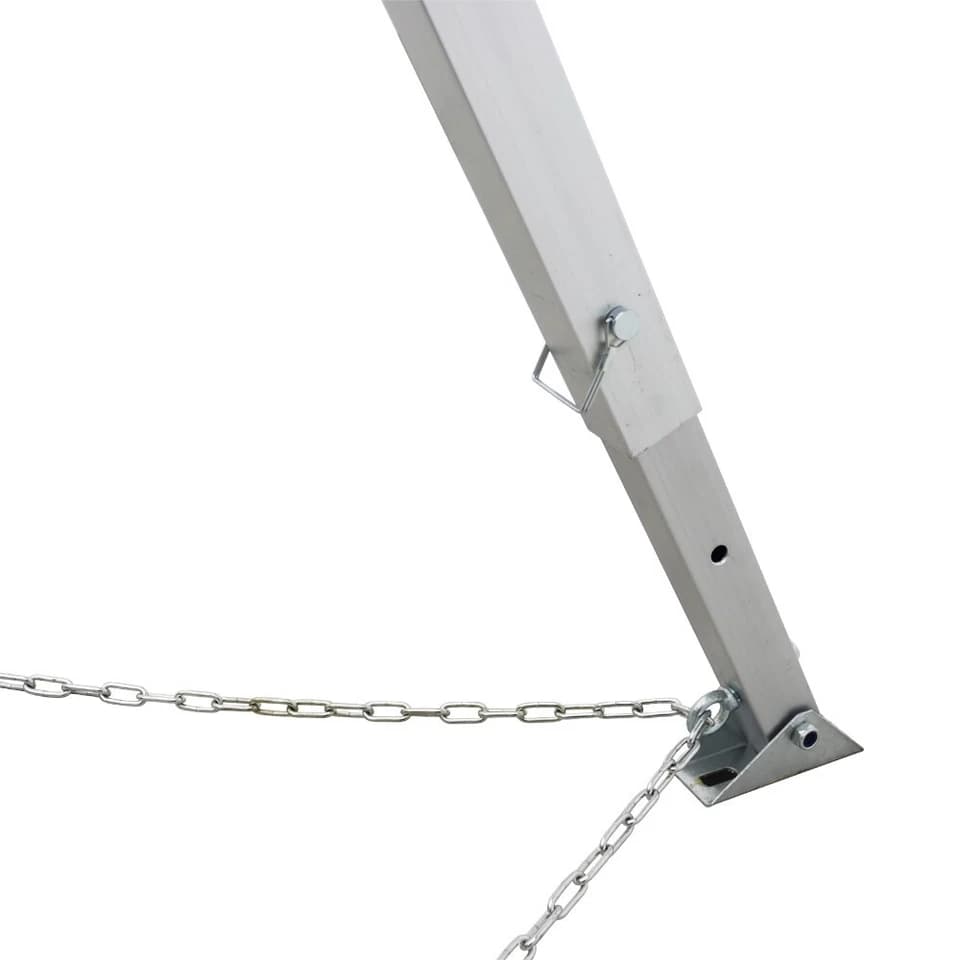 Close-up of a telescopic leg, retaining pin, foot and chain connection
