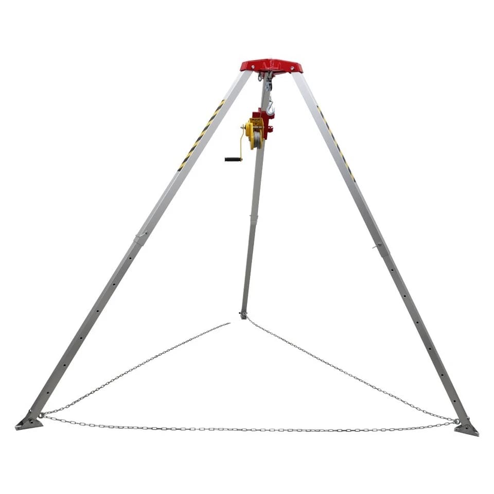 Tripod with extended legs, mounted winch and chains between the feet