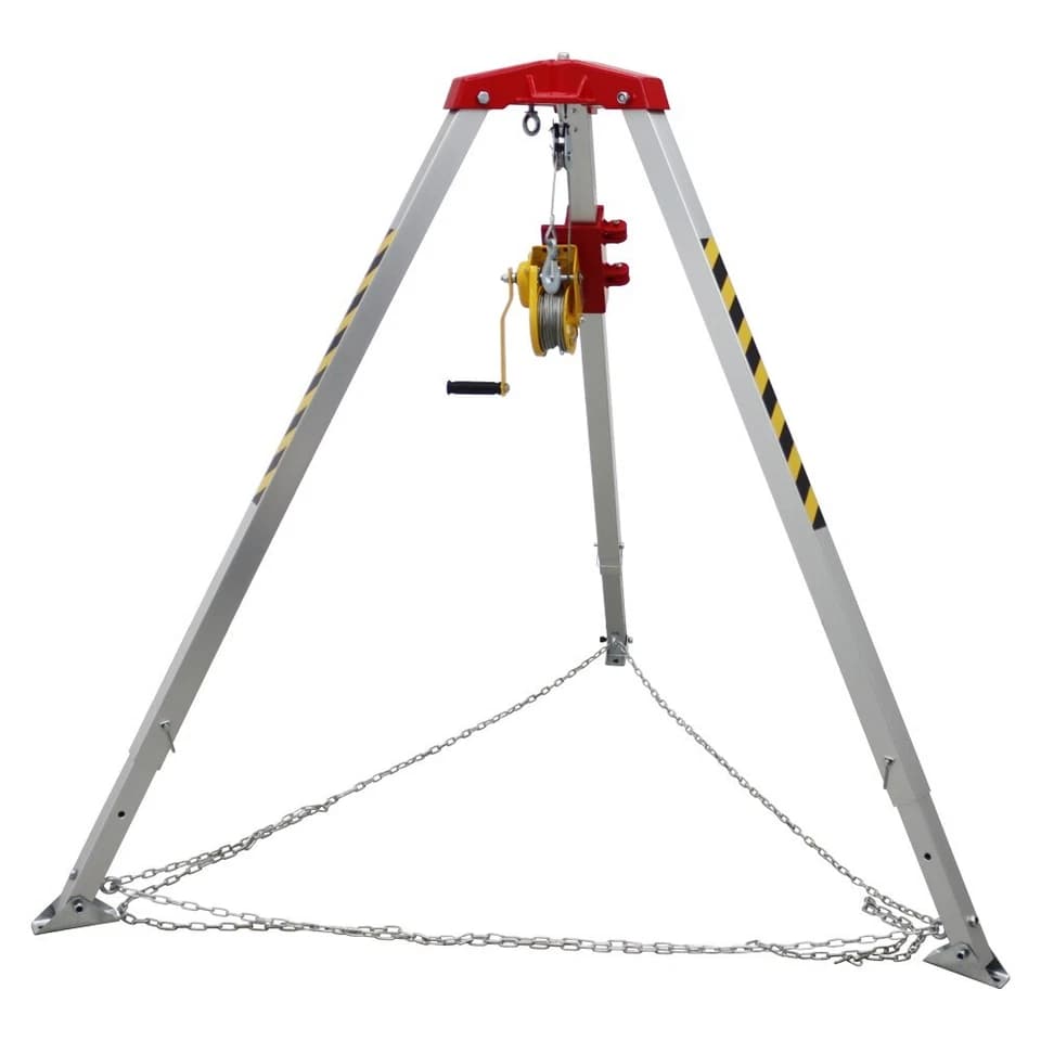 Angled view of the tripod with winch and leg chains