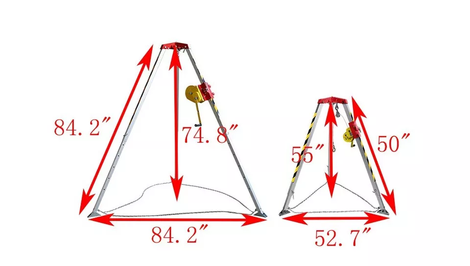 Catalogue diagram comparing two tripod positions with dimensions in inches