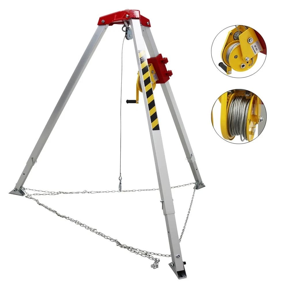 PST-361 catalogue tripod with winch, leg chains and winch detail insets