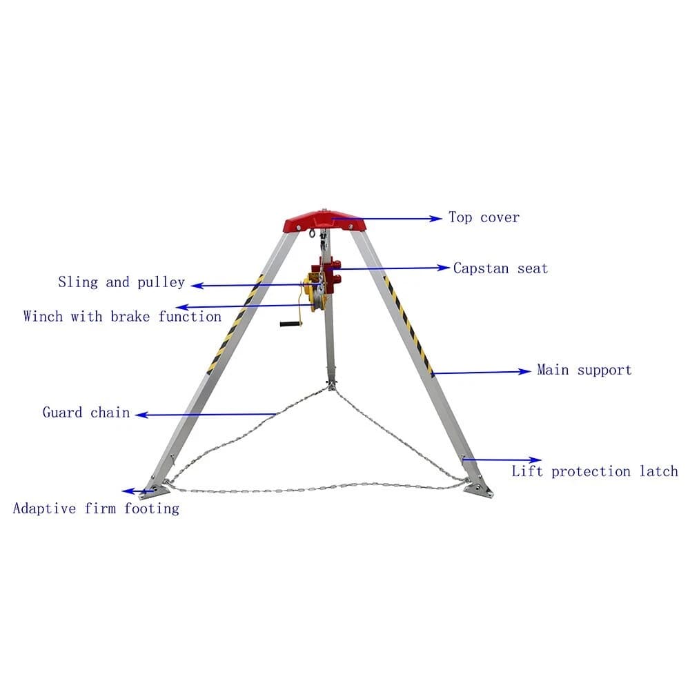 Catalogue image of a tripod with a mounted winch, leg chains and labelled components.